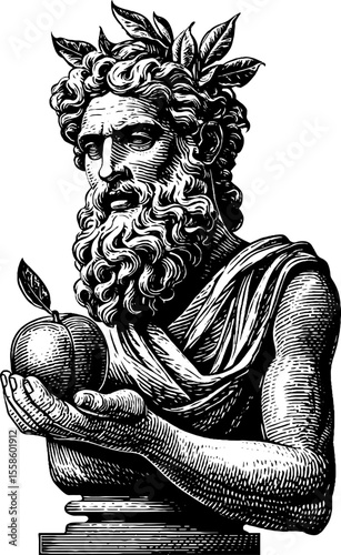 Classical stone figure with ripe peach - vintage engraved art for design projects