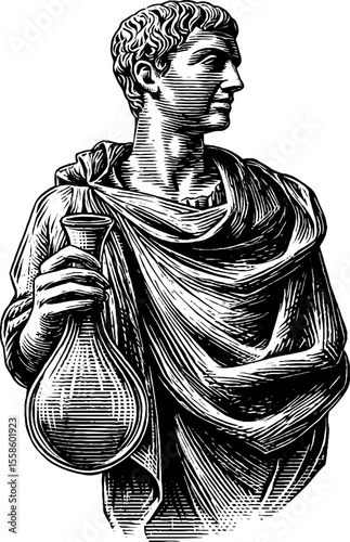 Stoic statue with narrow necked flask engraving for historical design