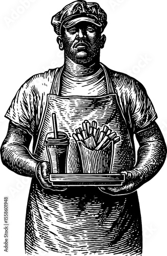 Vintage hand drawn stone figure with fast food tray, featuring fries and drink – retro sketch for design
