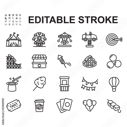 Amusement park icons collection. Thin line style vectors. Contains icons such as carousel, street food, tickets and more.