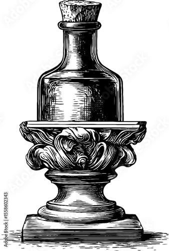 Ancient sculpture depicting corked glass bottle: vintage hand drawn engraving for design projects