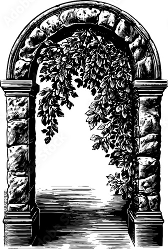 Ancient stone archway with vines silhouette - vintage architectural design for print or poster