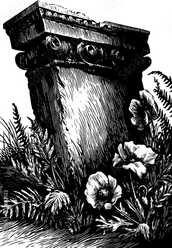 Ornate stone cornice in grass with poppies - vintage botanical design for art prints