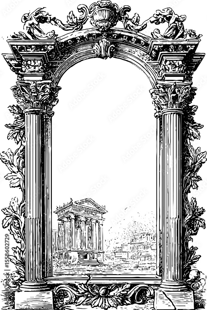 Fototapeta premium Ancient roman archway with laurel leaves and stone cracks for historical design