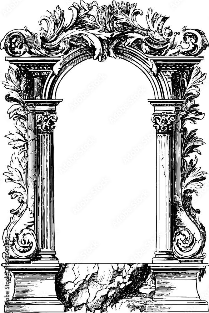 Fototapeta premium Ancient roman frame with laurel leaves and stone crack design for historical decor