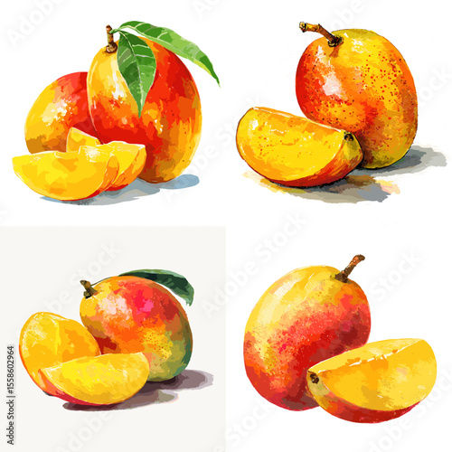 Juicy mangoes illustrated in watercolor style, with whole fruits and slices, capturing their vibrant tropical color and texture for food design and summer-themed visuals.

