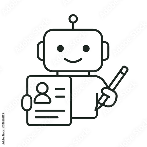 Line icon of AI assistant robot registering contact information with profile document and pen