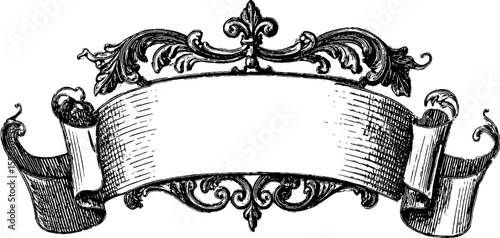 Vintage ornate banner with vertical lances and ribbon scroll for retro design