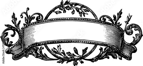 Vintage decorative scroll banner with circular emblem for retro design