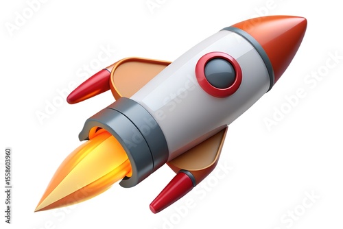 Cartoon rocket launching with fiery exhaust against white background