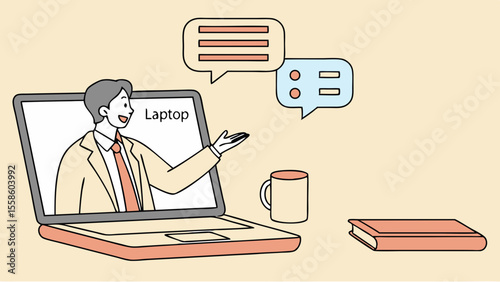 Businessman appears on laptop screen gesturing while communicating