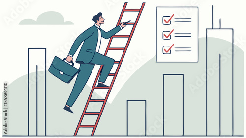 Progress and achievement, Businessman climbs ladder checking off items on list,