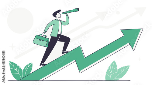 Success and growth Business, Businessman confidently rides upward trending graph,