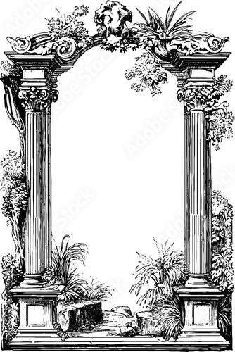 Vintage rectangular banner with eroded pillars and ornate details for classical design
