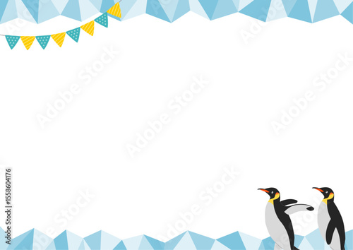 2匹のペンギンと氷の横型のフレームイラスト_青
