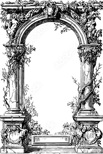 Vintage architectural frame with floating fragments and ivy design for art projects