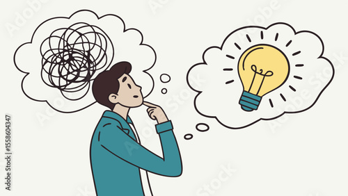 Businessman contemplates two thought bubbles, one chaotic and one representing idea