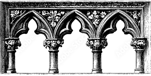 Gothic architectural frame with pointed arches and rose window design for vintage decor