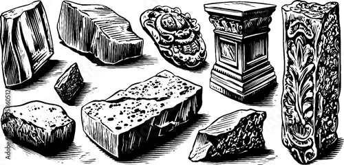 Vintage architectural fragments and masonry pieces engraving for retro design