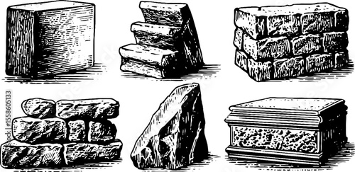 Vintage architectural fragments and masonry illustrations for historical design projects