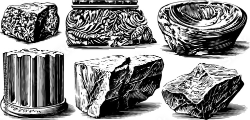 Vintage architectural fragments and masonry pieces engraving for retro design