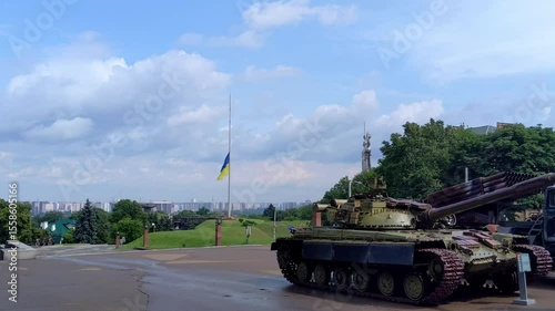 Tank and flag in Kyiv memorial. Ukraine patriotism