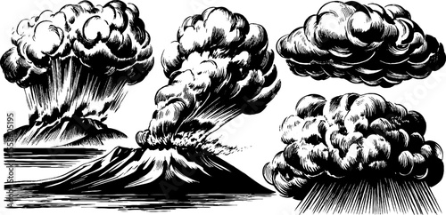 Vintage volcanic smoke and ash cloud sketches for design and decoration