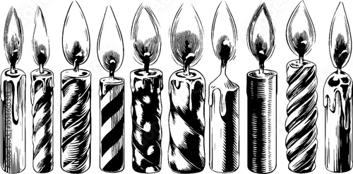 Vintage birthday candle collection sketch with flame tips and wax details for celebration design