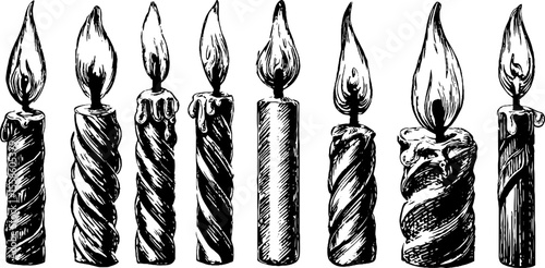 Vintage hand drawn birthday candles with dripping wax and flame silhouettes