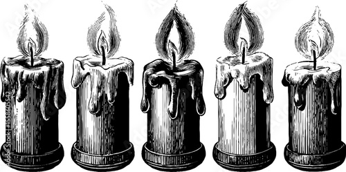 Vintage candle silhouettes with melting wax and flickering flames for retro design