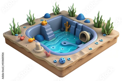 Whimsical miniature underwater scene with playful fish and coral