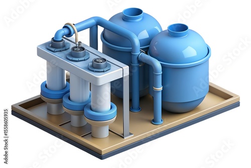 Modern industrial water filtration system with blue tanks and pipes