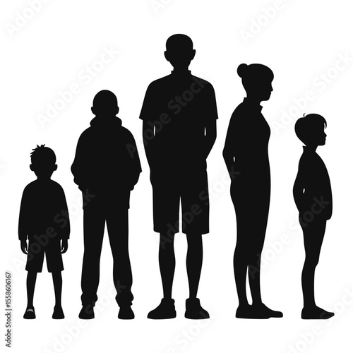 Group Silhouette of Diverse People Facing Left and Looking Up, Black Figures on White