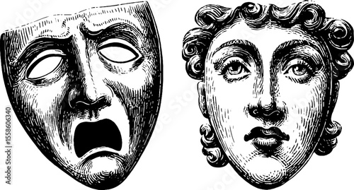 Dramatic art of comedy and tragedy masks in vintage hand-drawn engraving style for theater design