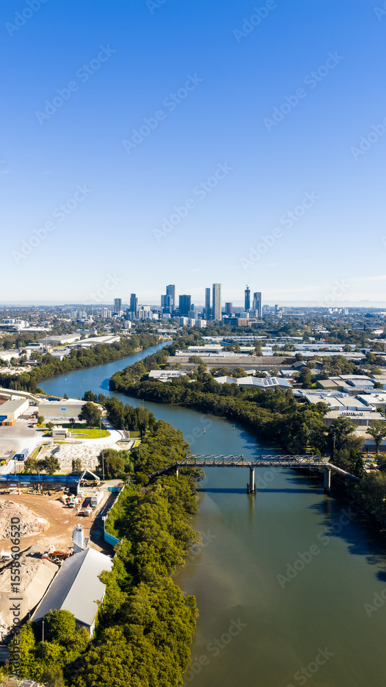 Fototapeta premium Aerial photo Parramatta CBD via Parramatta River