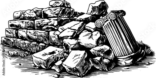 Ancient ruins with cracked stone surfaces and broken carvings design for historical illustration