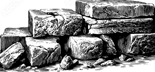 Vintage sketch of cracked stone surfaces and broken carvings for design and decoration