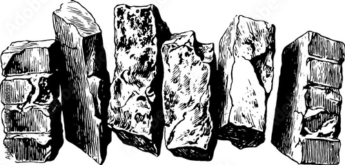 Vintage hand-drawn sketch of cracked wall fragments and peeling frescoes engraving