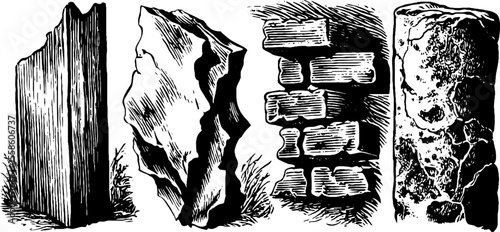 Cracked wall fragments and peeling frescoes sketch for vintage design