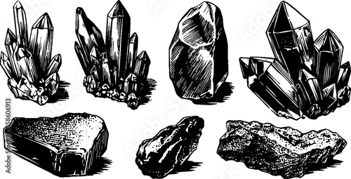 Vintage gemstone collection: hand drawn crystals, quartz shards, and faceted gems for retro design