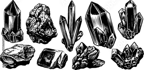 Vintage sketch of crystals, quartz shards, and faceted gems for design and decoration