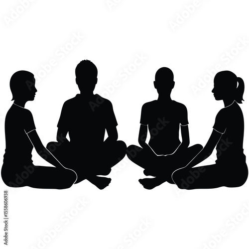  Vector silhouette of four young adults sitting in different relaxed poses, black silhouettes on pure white background,