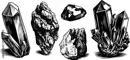 Elegant collection of hand drawn crystal and quartz shards with faceted gems for retro design