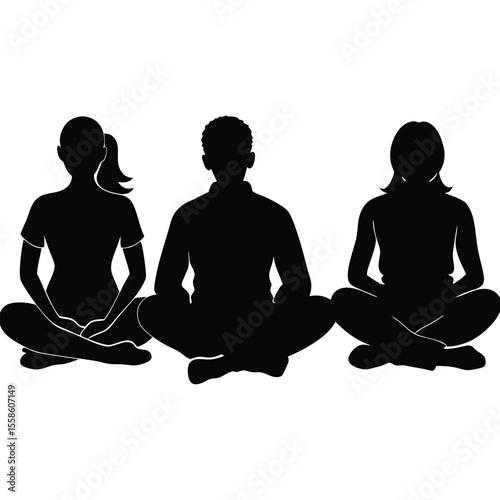  Vector silhouette of four young adults sitting in different relaxed poses, black silhouettes on pure white background,