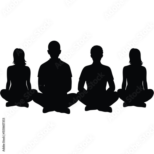  Vector silhouette of four young adults sitting in different relaxed poses, black silhouettes on pure white background,