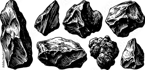 Vintage hand drawn flint stones and tool cores - retro engraved illustration