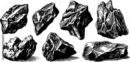 Ancient flint stones and tool cores with strike marks - retro archaeological sketch