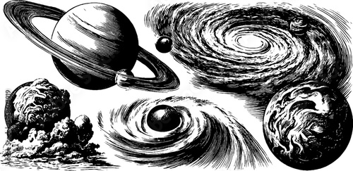 Vintage cosmic illustrations of galaxies, spiral arms, and black holes