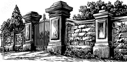Elegant vintage iron gate motifs with symmetric scrolls for architectural design