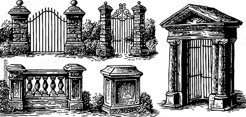 Vintage iron gate motifs and symmetric scroll design for decorative architecture